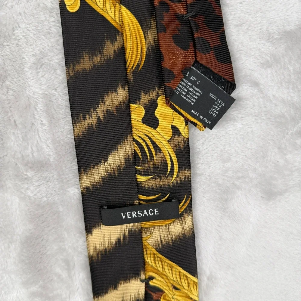 Vintage Versace‎ Mens Silk Tie Black Gold Baroque Zebra Leopard Print